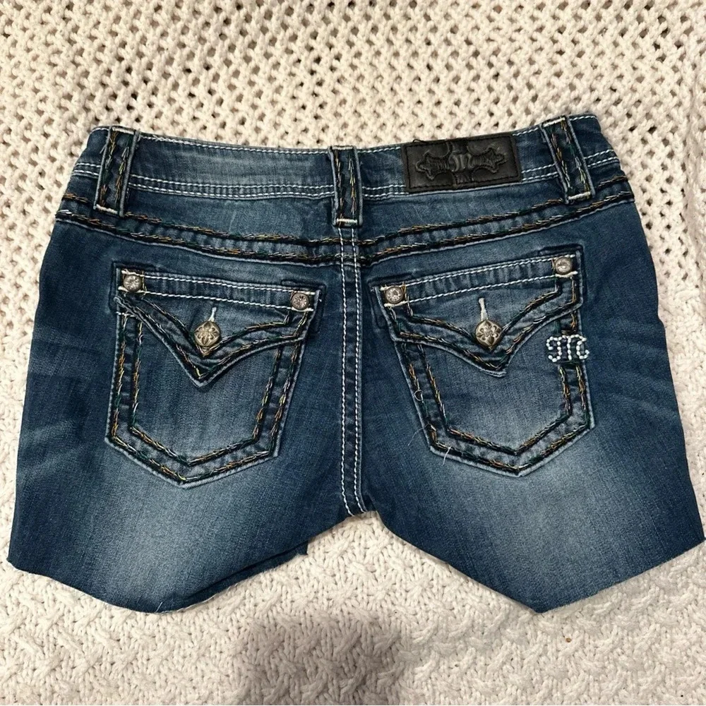 Miss Me Women Cut Off Shorts sz 27 Blue Denim Bling Distressed used to be long